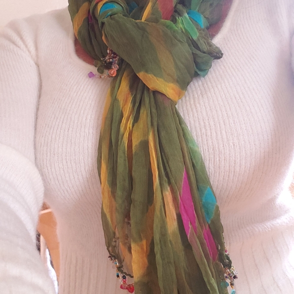 Colorful Accent Scarf with Bead Trim - Picture 1 of 2